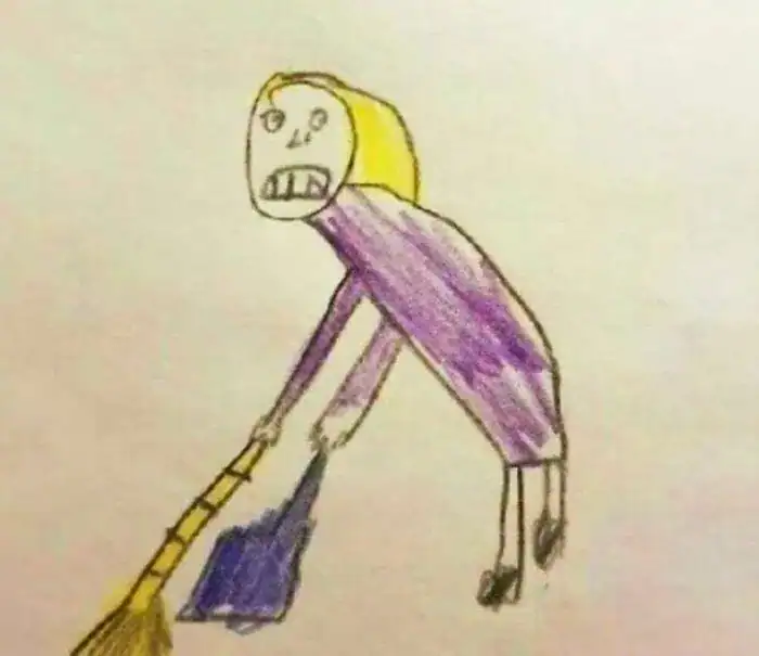Strange perspective drawing of person sweeping with broom kids drawings.