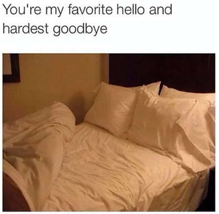 A romantic ode to sleep, this lazy memes post jokes that the hardest breakup of the day is having to leave a warm, comfortable bed in the morning.