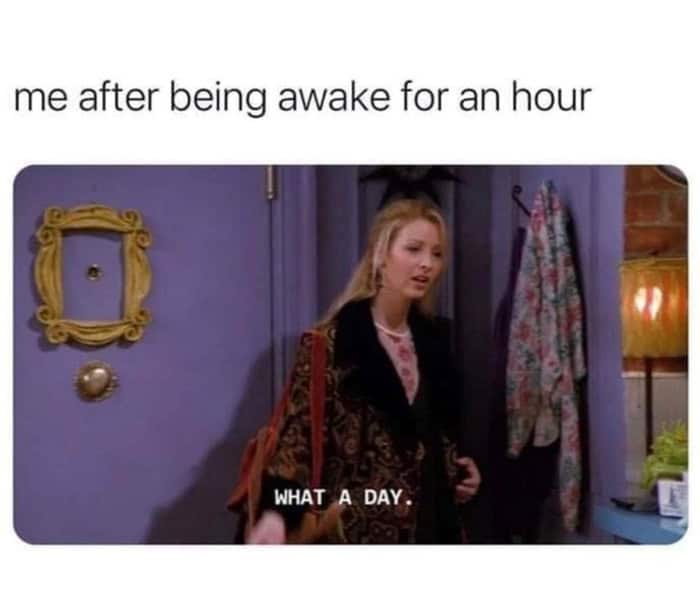 Phoebe Buffay Friends meme saying "What a day" after one hour.