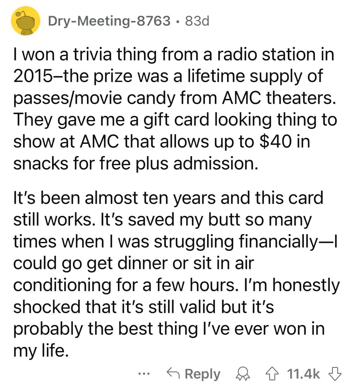 Reddit story about a functional lifetime supply of AMC movie theater snacks and passes.