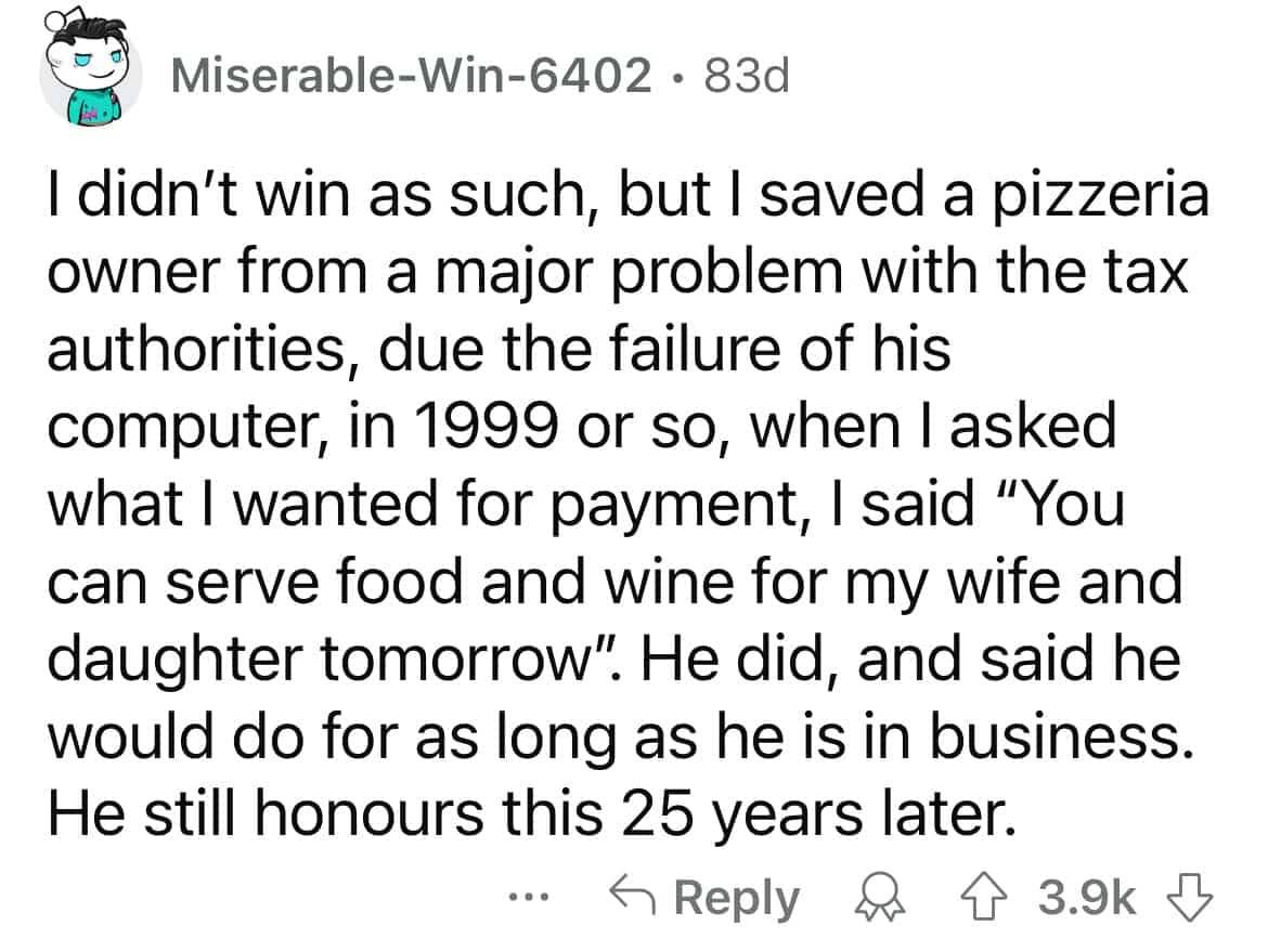 Heartwarming story of IT work traded for a lifetime of free pizza and wine.