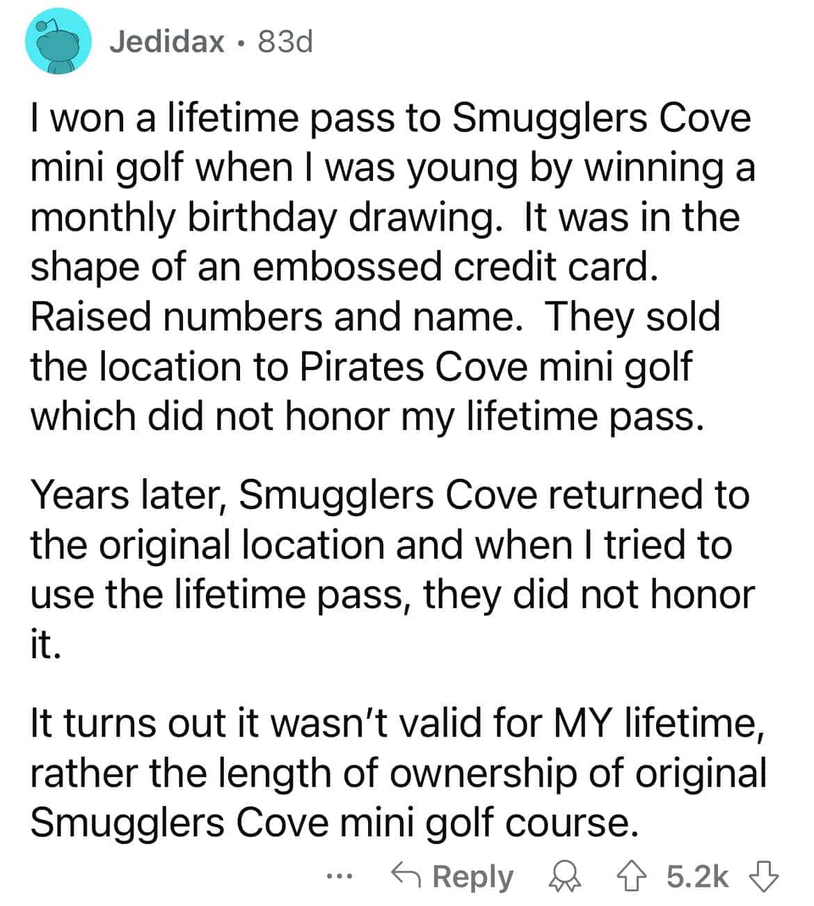 Story about a mini golf lifetime pass that was voided by change of ownership.