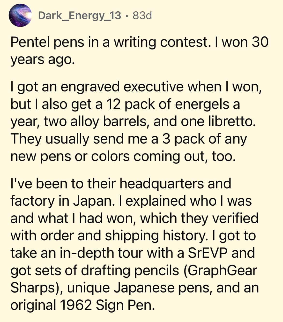 User describes visiting Pentel Japan HQ after winning a lifetime supply of pens.