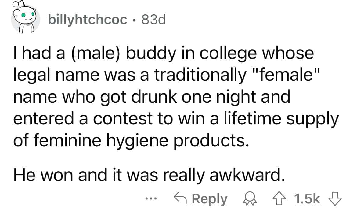 Funny story about a man accidentally winning a lifetime supply of feminine hygiene products.
