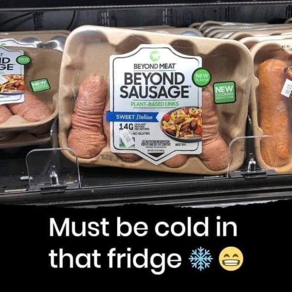 eyond Meat sausages resembling shriveled body parts in their packaging.