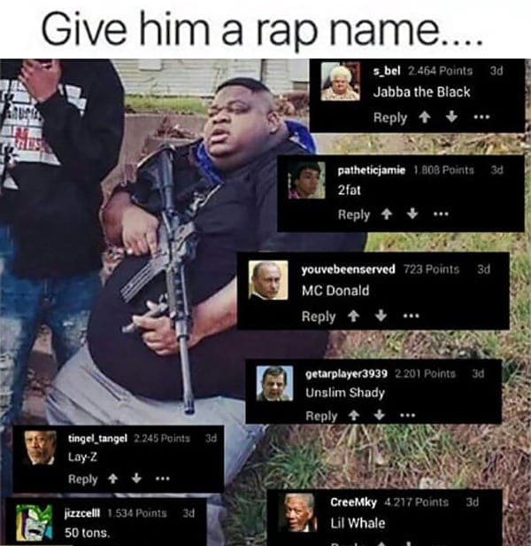 Reddit comments roasting a man with funny food-related rap names like Unslim Shady.