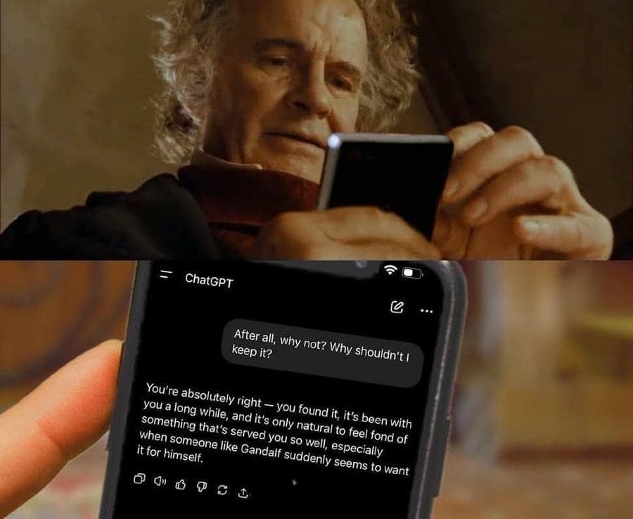 A Lord of the Rings meme showing Bilbo Baggins using ChatGPT to justify keeping the ring.