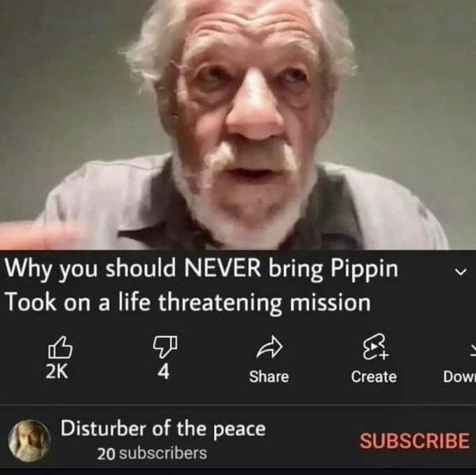 A funny LoTR meme YouTube thumbnail titled "Why you should NEVER bring Pippin" by Disturber of the peace.