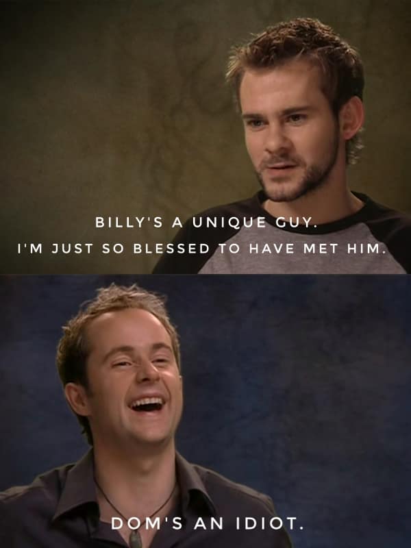 A lotr meme showing Dominic Monaghan calling Billy Boyd a unique guy and Billy calling Dom an idiot.