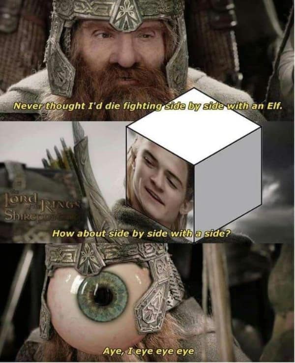 A punny lotr meme replacing Gimli and Legolas with a cube and an eye for wordplay.