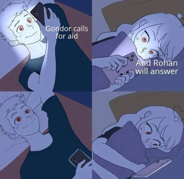 A wholesome lotr meme showing a couple texting the Gondor calls for aid lines to each other in bed.