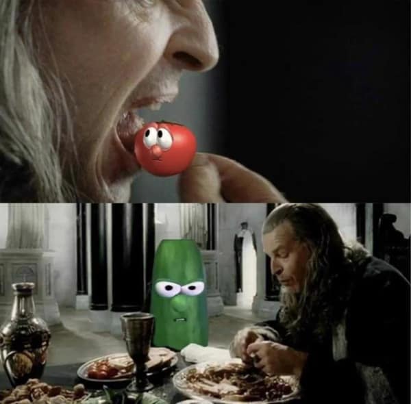 A lotr meme comparing Denethor eating a tomato to eating Bob the Tomato from Veggie Tales.