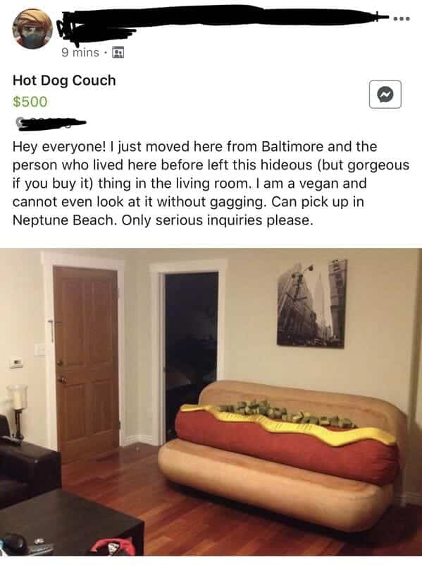 Realistic hot dog shaped couch with mustard and relish pillows in living room.