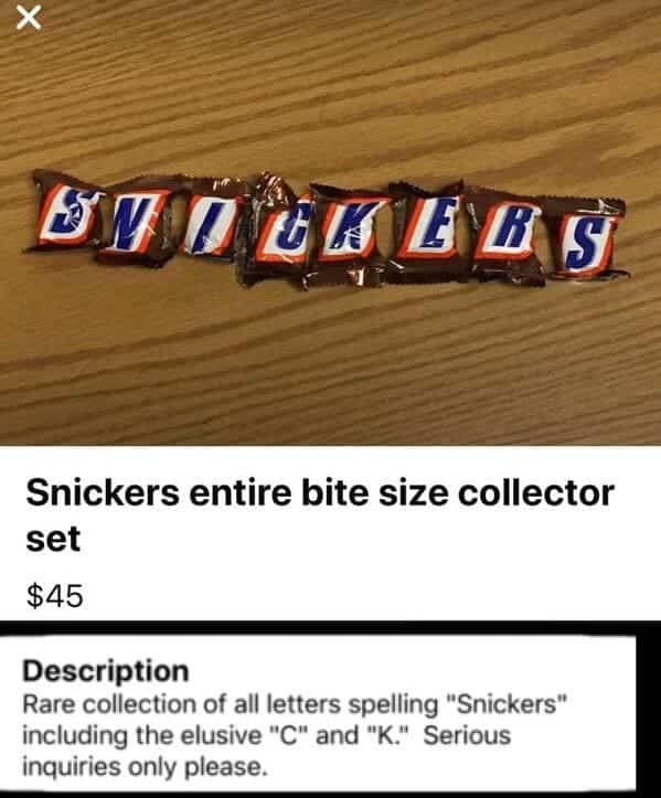 Row of bite-size Snickers wrappers arranged to spell out the brand name.
