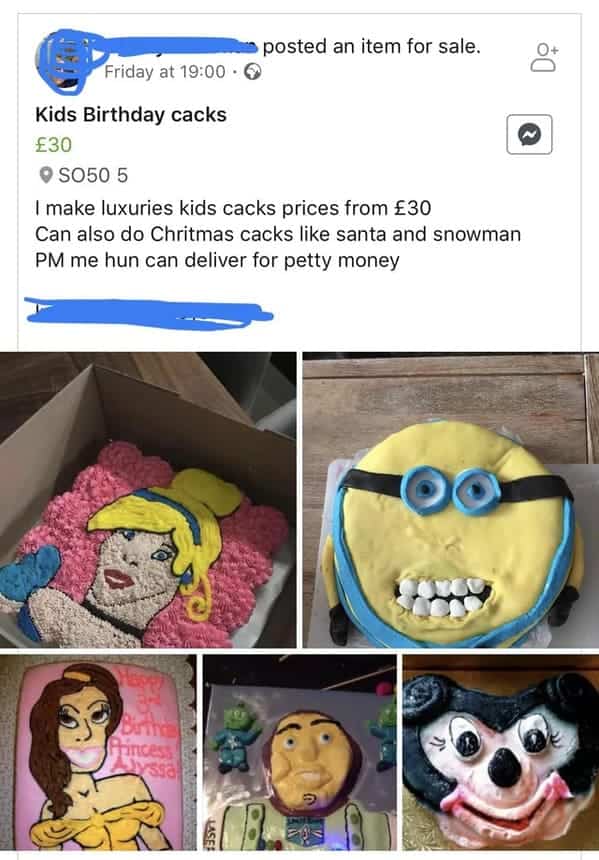 Montage of poorly decorated cakes including a scary Cinderella and distorted Minion.