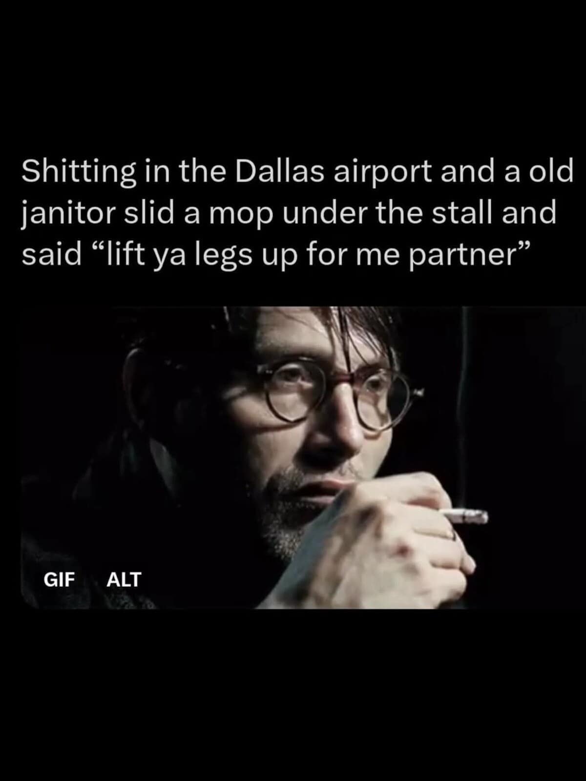 A hilarious meme of Mads Mikkelsen smoking reacting to a janitor at Dallas airport asking to lift legs.