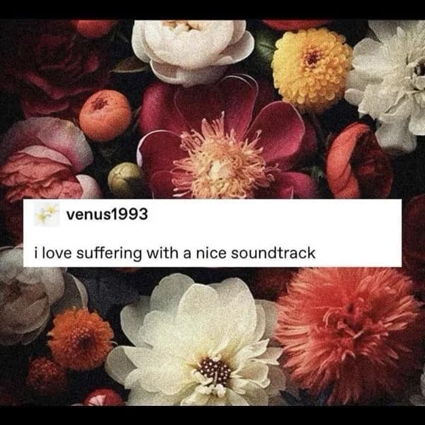 A hilarious meme of a floral background with text about loving suffering with a nice soundtrack.
