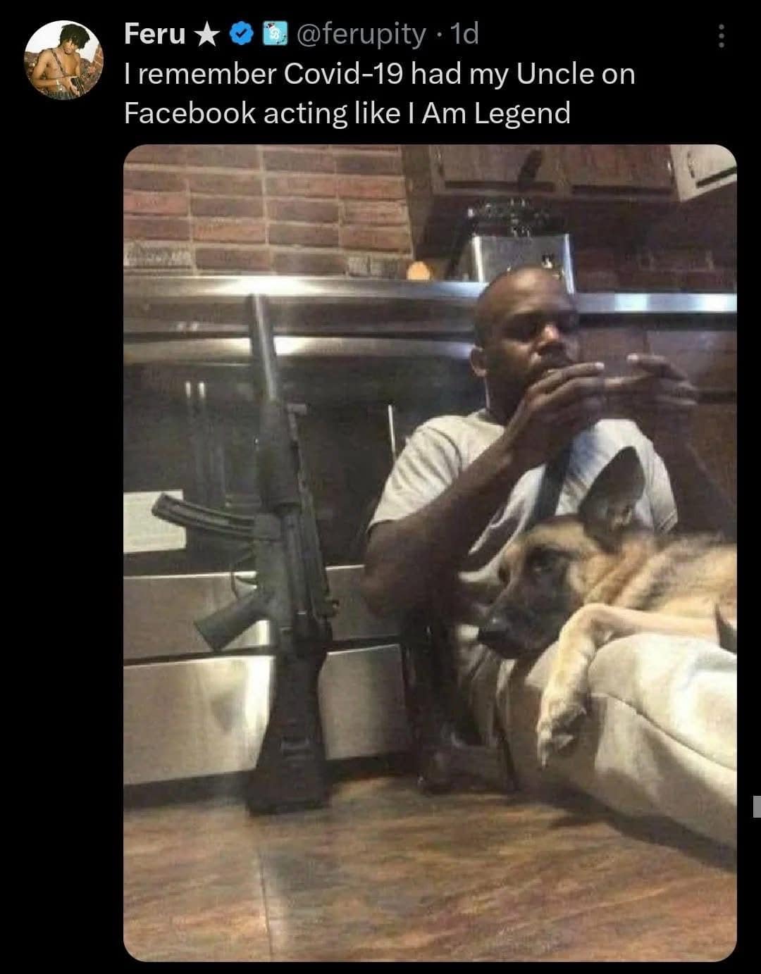 A funny meme tweet about an uncle posing with a gun and dog during Covid-19 like the movie I Am Legend.