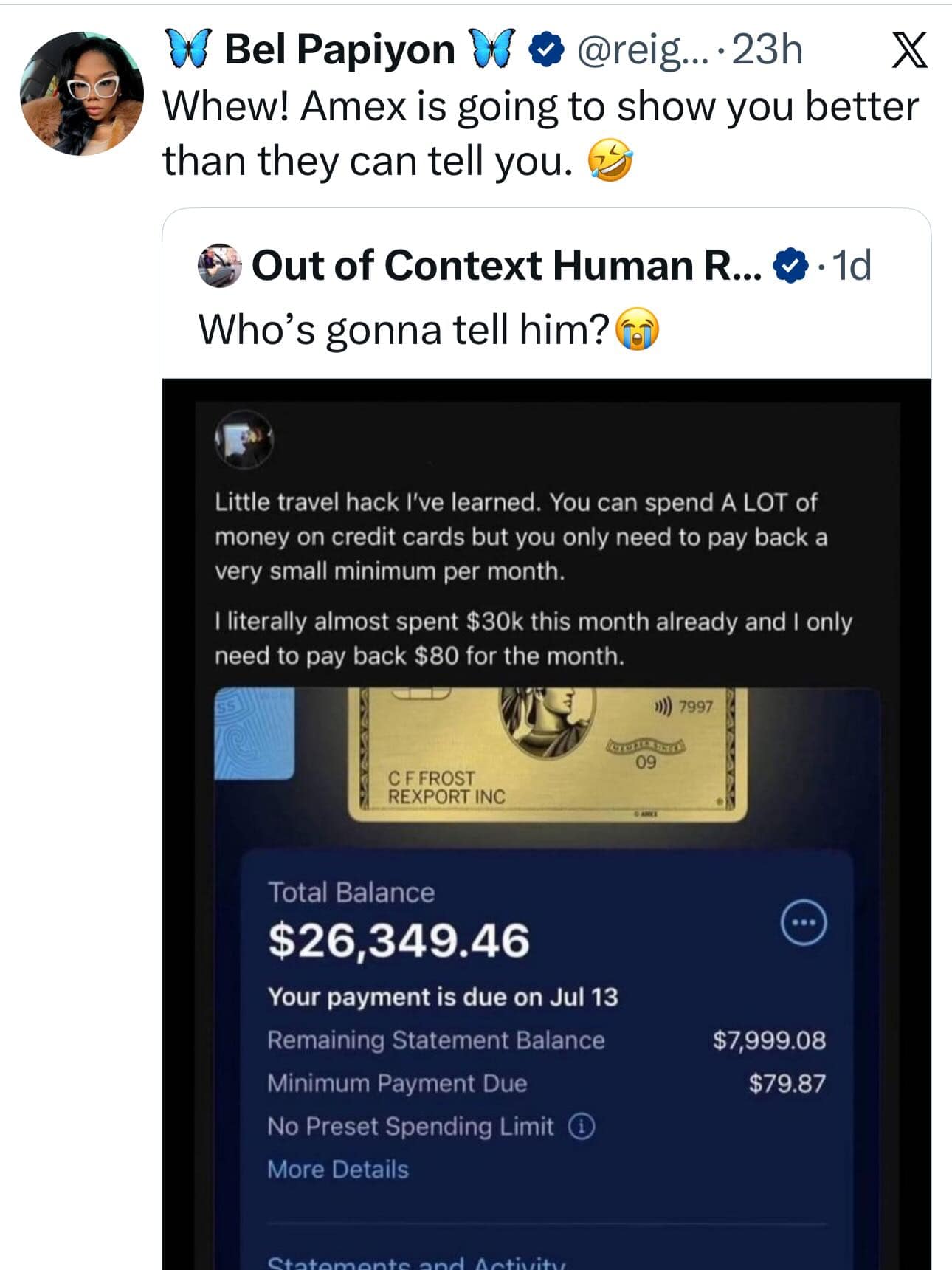 A funny meme tweet reacting to a financial "hack" where someone spends $30k on a credit card but only pays the minimum.