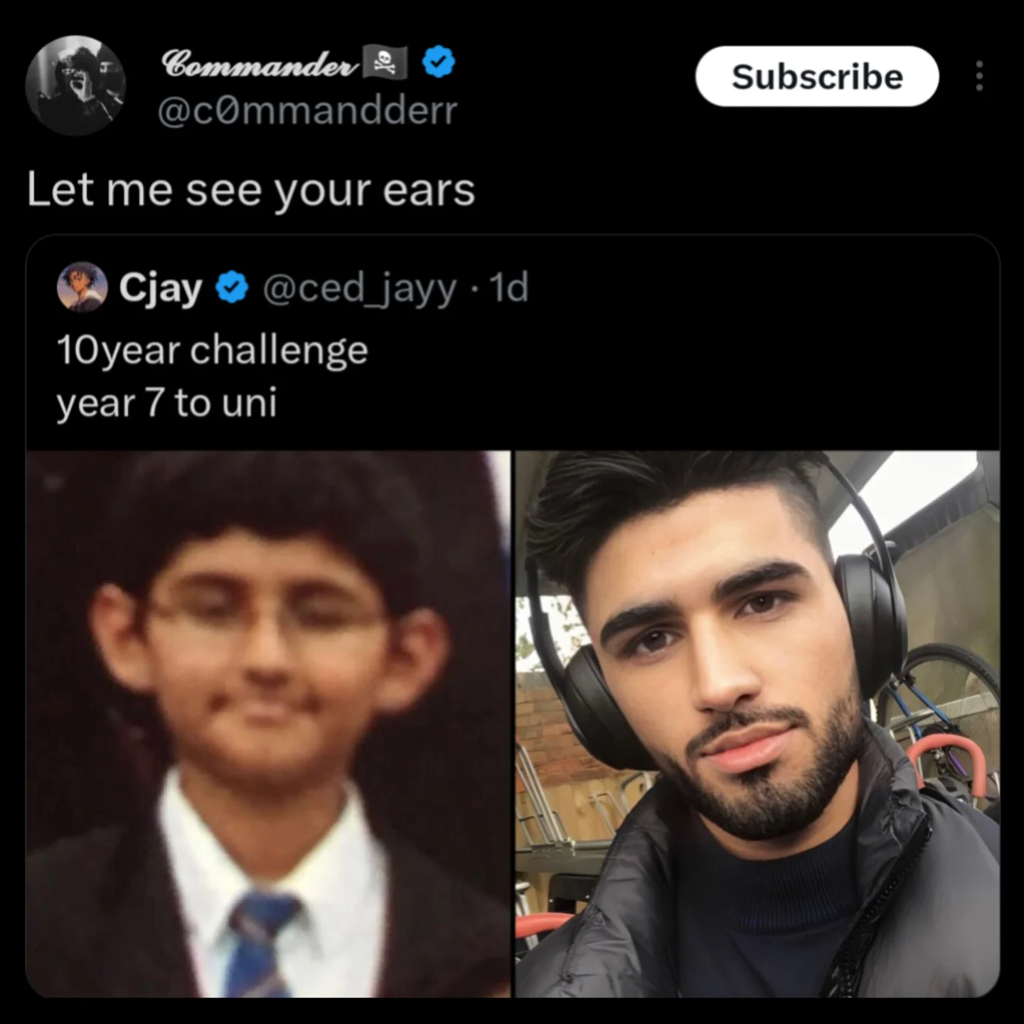 A funny meme comparison of a boy with large ears in year 7 versus a handsome man at university wearing headphones to hide them.