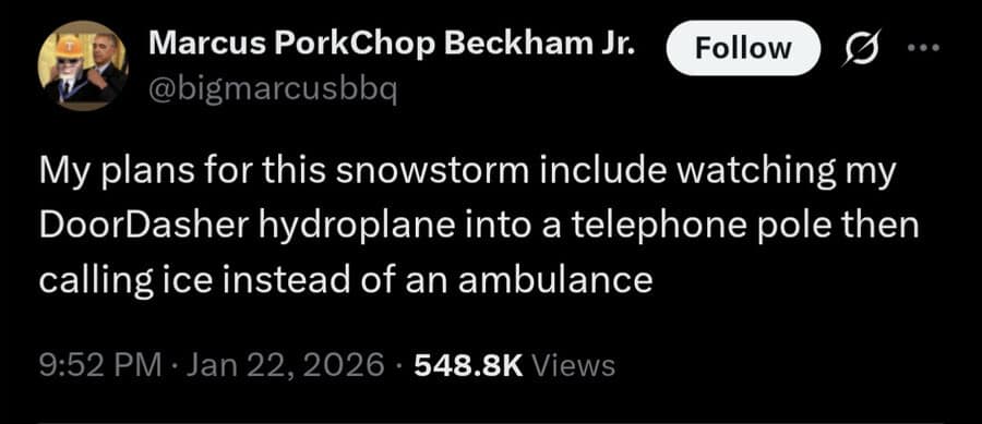 A funny meme tweet about a snowstorm plan that involves watching a delivery driver crash and calling immigration services instead of help.