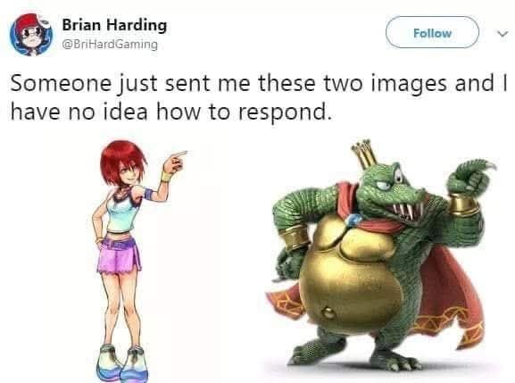 A funny meme comparing the pointing pose of Kairi from Kingdom Hearts to King K. Rool from Donkey Kong Country.