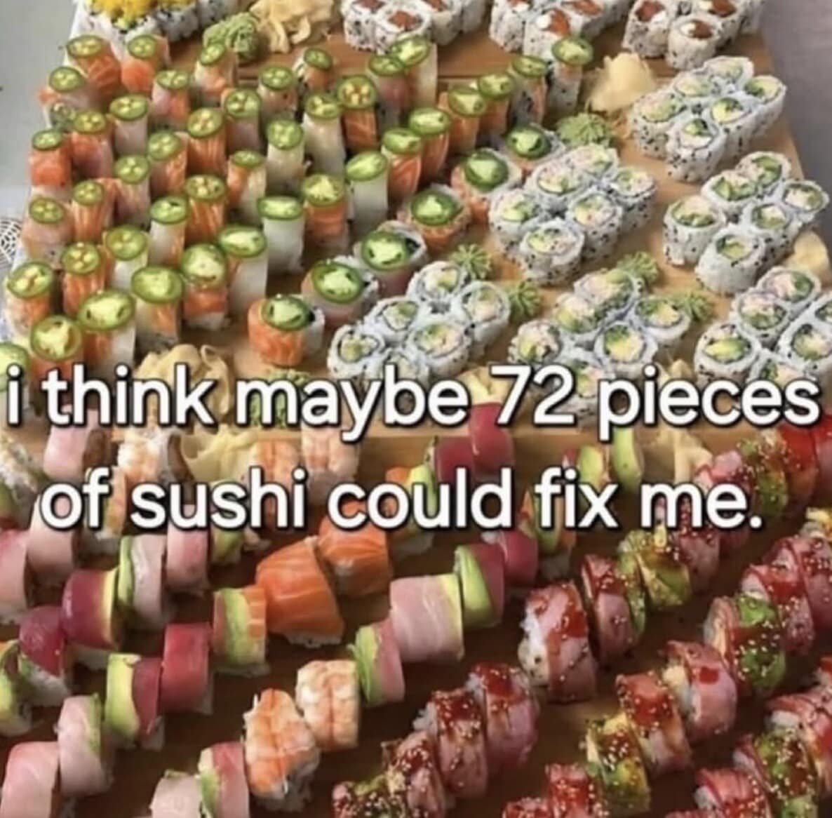 A funny meme showing a huge tray of sushi captioned about it fixing emotional problems.