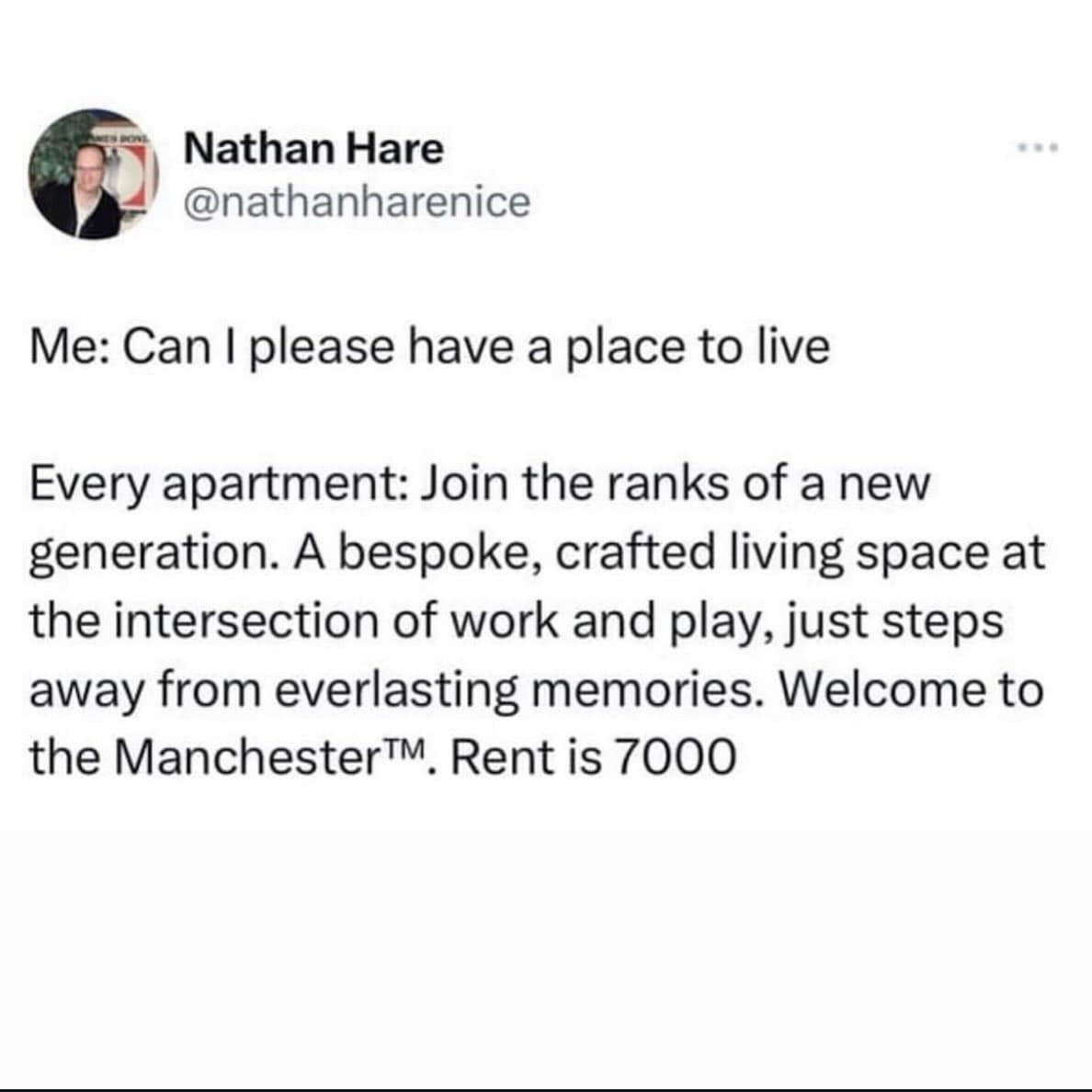 A funny meme tweet by Nathan Hare satirizing modern luxury apartment marketing and exorbitant rent prices.