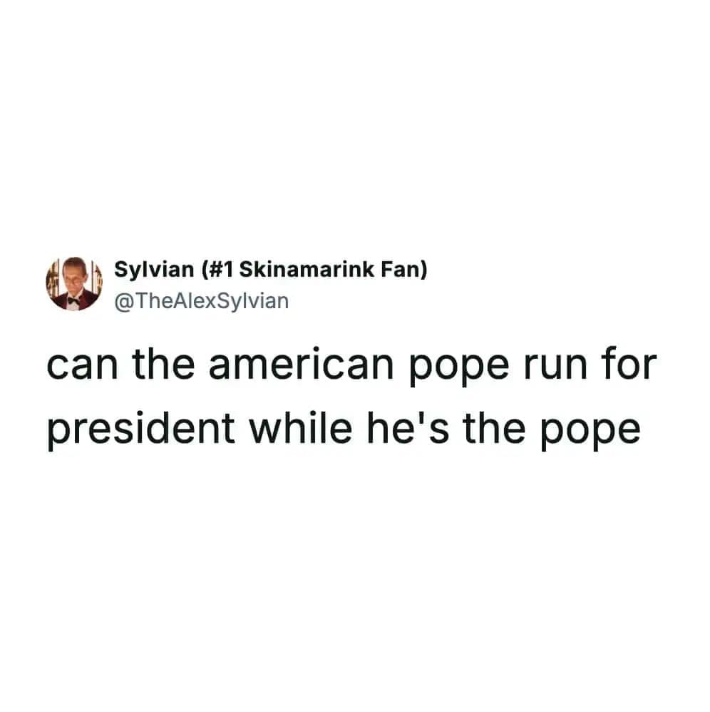 A hilarious meme tweet asking if the American Pope can run for president simultaneously.