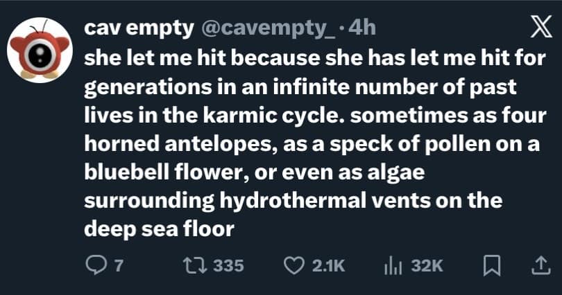 A hilarious meme tweet by cav empty explaining a romantic connection through an absurdly specific karmic cycle history.