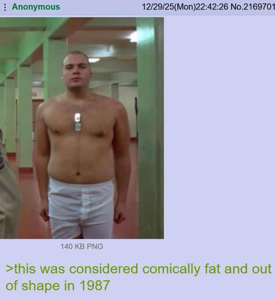 A meme dump image comparing Private Pyle from Full Metal Jacket to modern standards of being out of shape.