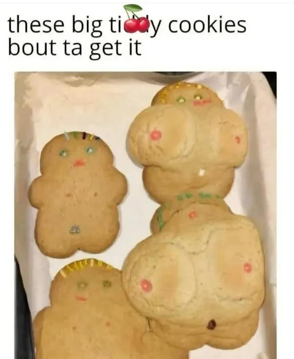 A hilarious meme showing gingerbread cookies decorated with large breasts and butts with a funny caption.