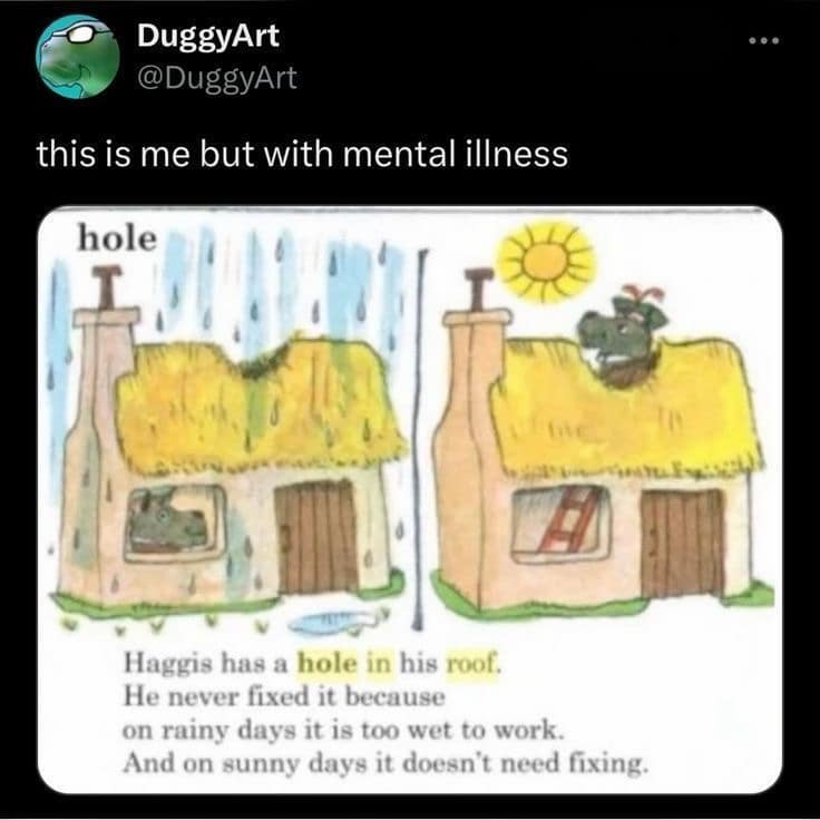 A hilarious meme comparing a storybook character neglecting a roof hole to dealing with mental illness.