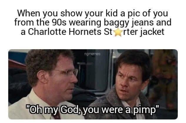 A funny meme comparing a kid in 90s baggy clothes to a pimp using a quote from The Other Guys.