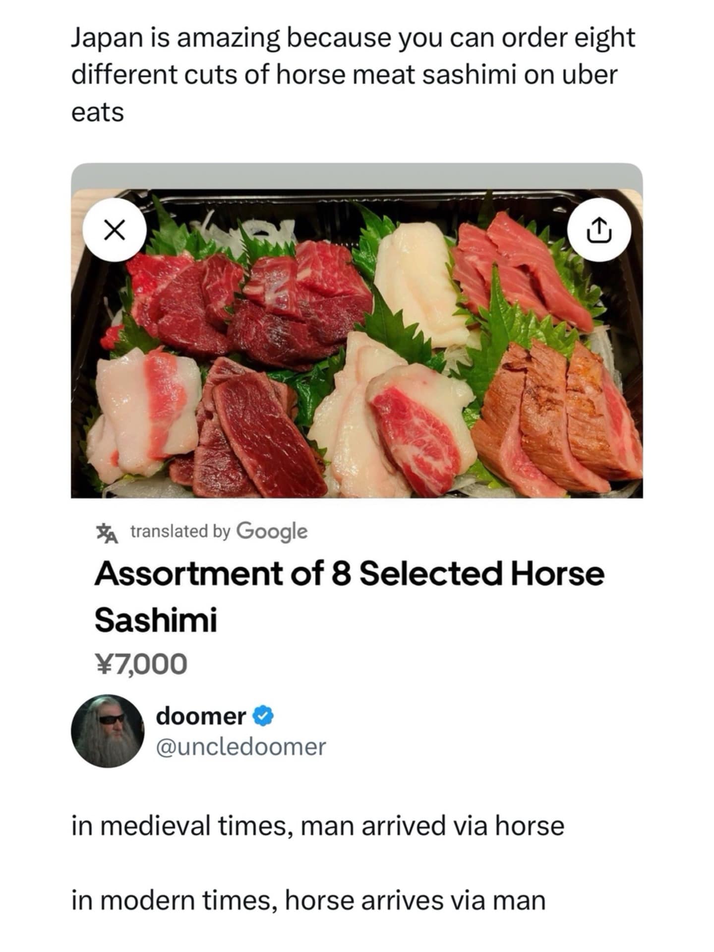 A meme dump screenshot of horse meat sashimi on Uber Eats with a comment about how the tables have turned for horses and men.