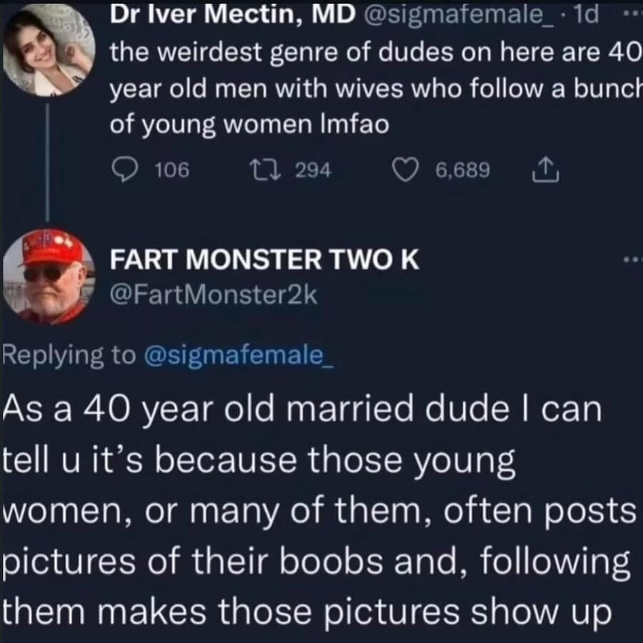 A funny meme Twitter interaction where a man explains that he follows young women simply because their specific photos show up in his feed.