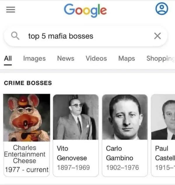 A hilarious meme showing a Google search for "top 5 mafia bosses" where Charles Entertainment Cheese (Chuck E. Cheese) is listed as the primary result.