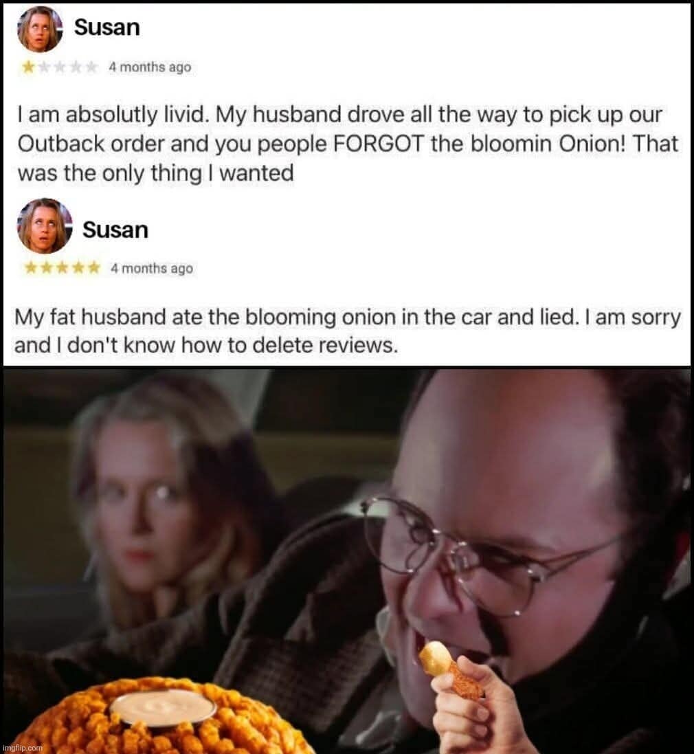 A hilarious meme review where a wife realizes her husband ate the Blooming Onion and lied about it.