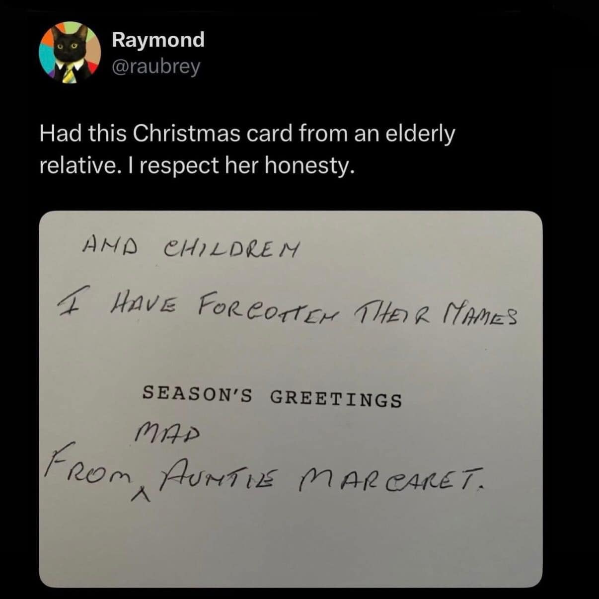 A Christmas card from Auntie Margaret addressed to children I have forgotten their names.
