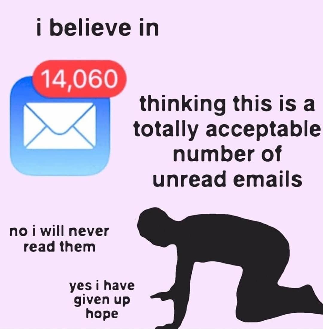 A hilarious meme showing a massive number of unread emails and a person giving up on clearing them