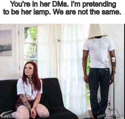 A funny meme showing a man hiding in a room by wearing a lampshade on his head.