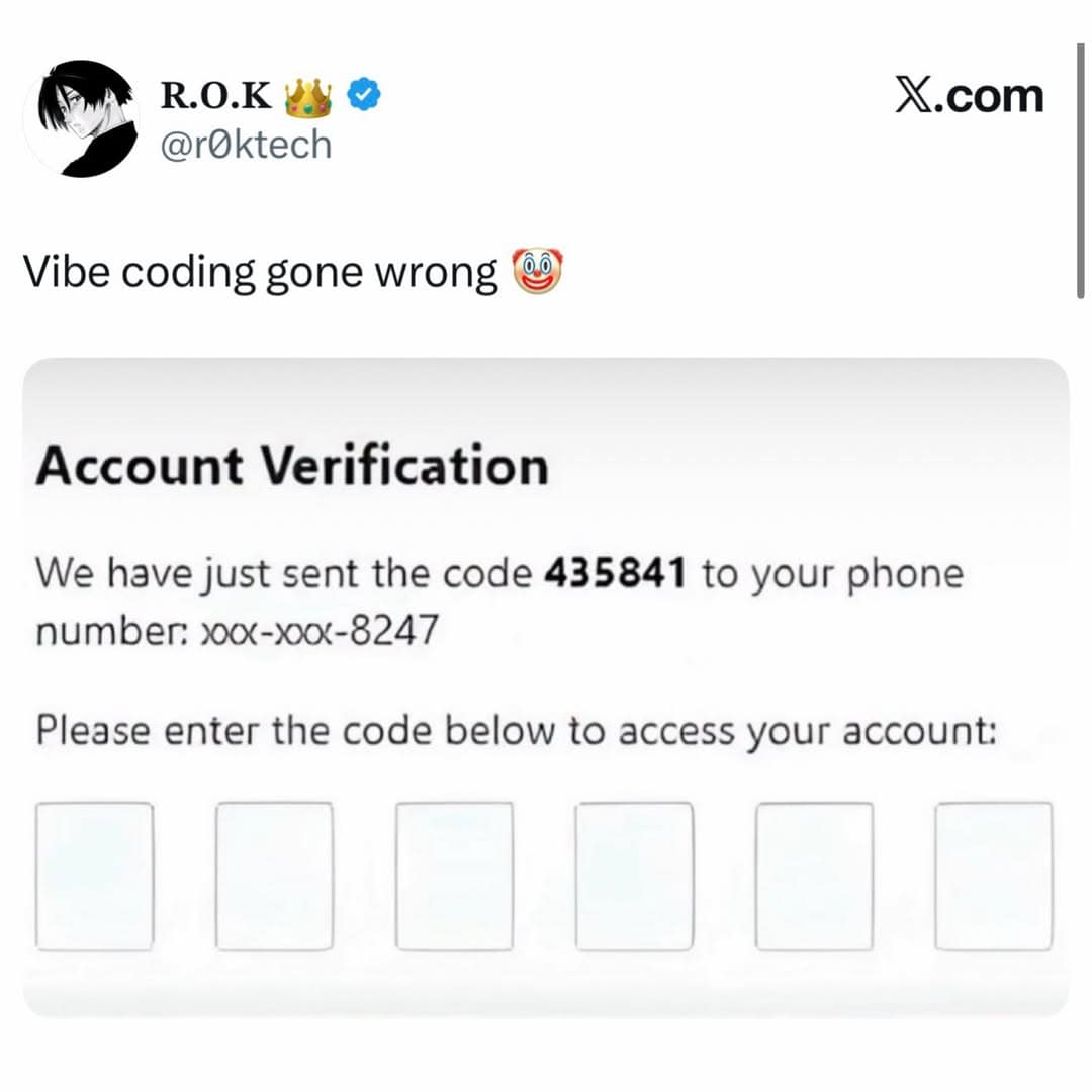 A hilarious meme showing an account verification screen where the user accidentally posted their login code to social media.