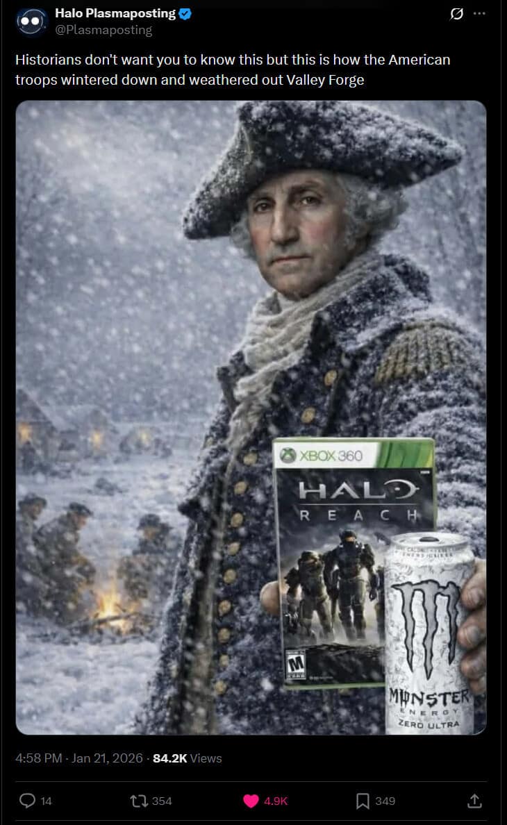 A funny meme edited photo of George Washington in the snow holding a copy of Halo Reach and a can of Monster Energy.