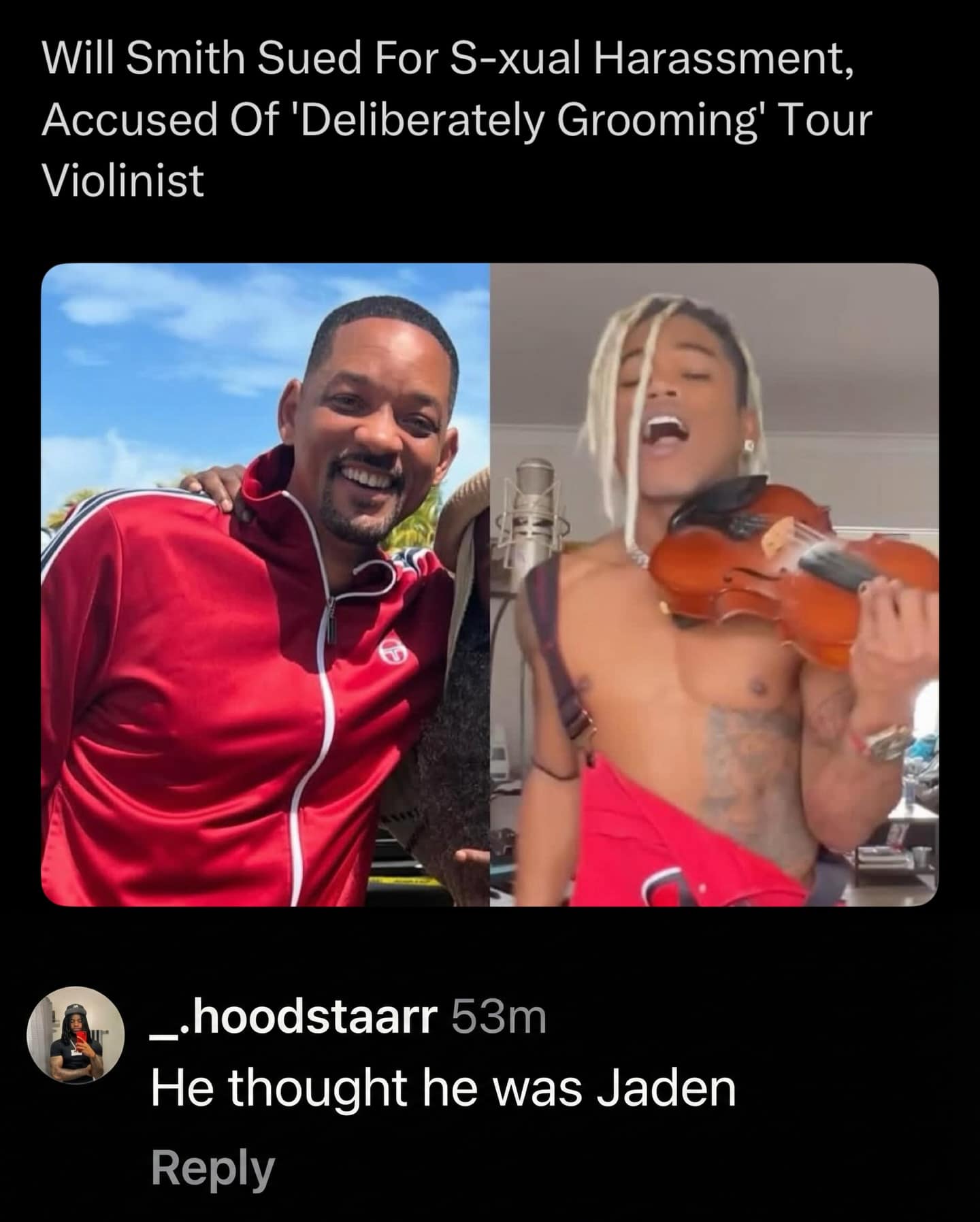 A hilarious meme tweet comparing Will Smith to a violinist who looks like Jaden Smith.