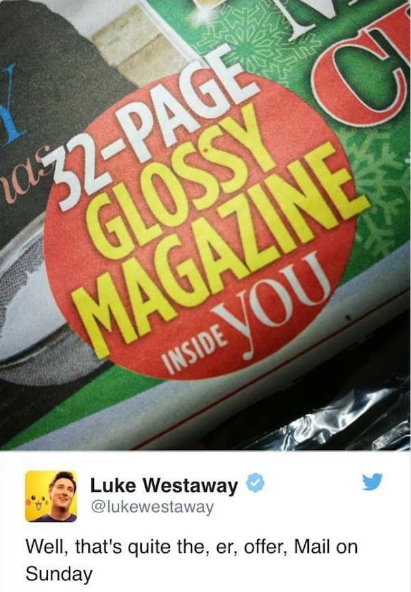 A funny meme showing a magazine cover design fail where the text reads 32 page glossy magazine inside you.