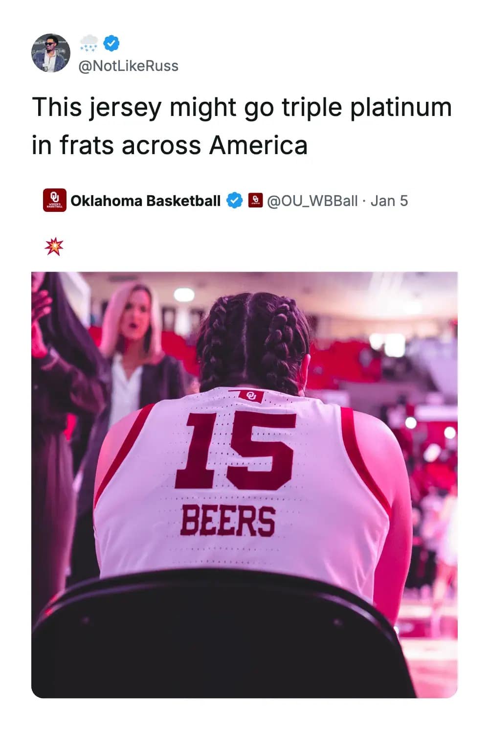 A hilarious meme photo of a basketball player with the number 15 and the name Beers on her jersey.