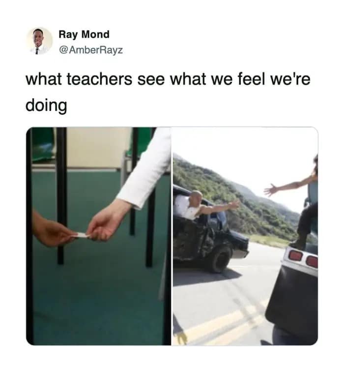 A funny meme comparing passing a note in class to a high-speed action movie car stunt.