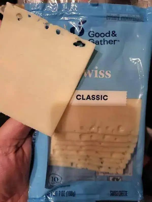 A funny meme showing a slice of Swiss cheese with binder paper holes punched into the side.