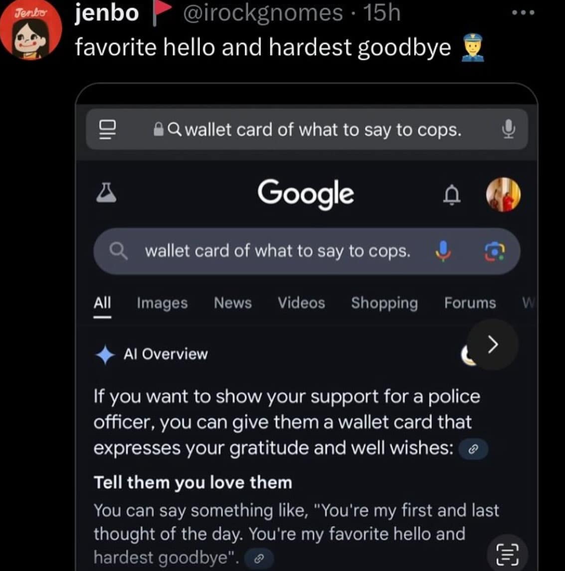 A hilarious meme showing a Google AI overview suggesting romantic lines for a "wallet card for cops" search.