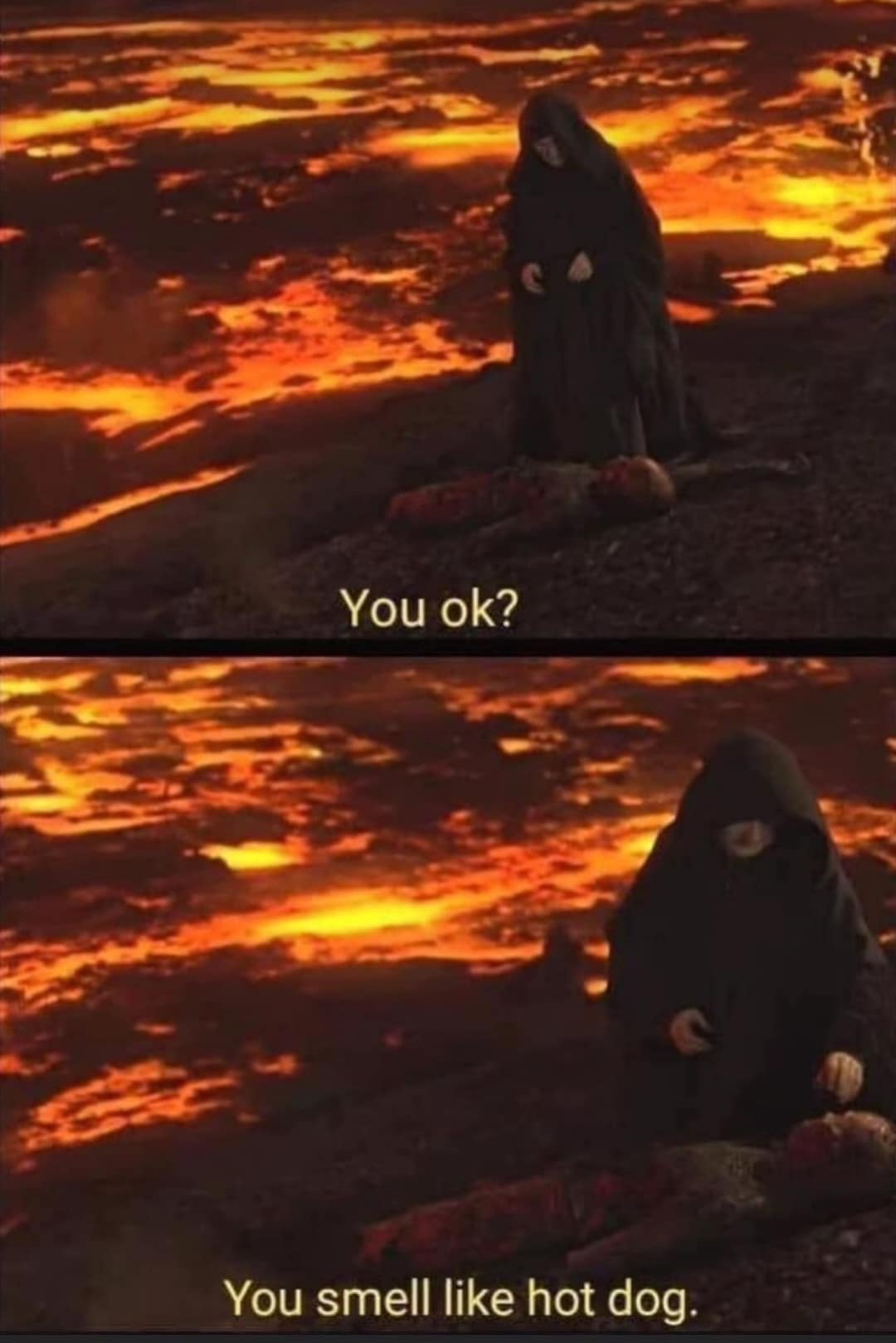 A hilarious meme using a Star Wars scene where Obi-Wan asks the burning Anakin if he is okay because he "smells like hot dog."